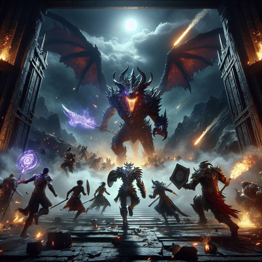 Dota 2 and Monster Hunter crossover arena battle, hunters defeating raid wyvern.